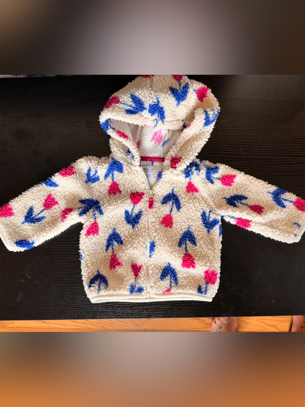 Carter's Cream Plush Hooded Fleece Jacket with Pink & Blue Flowers